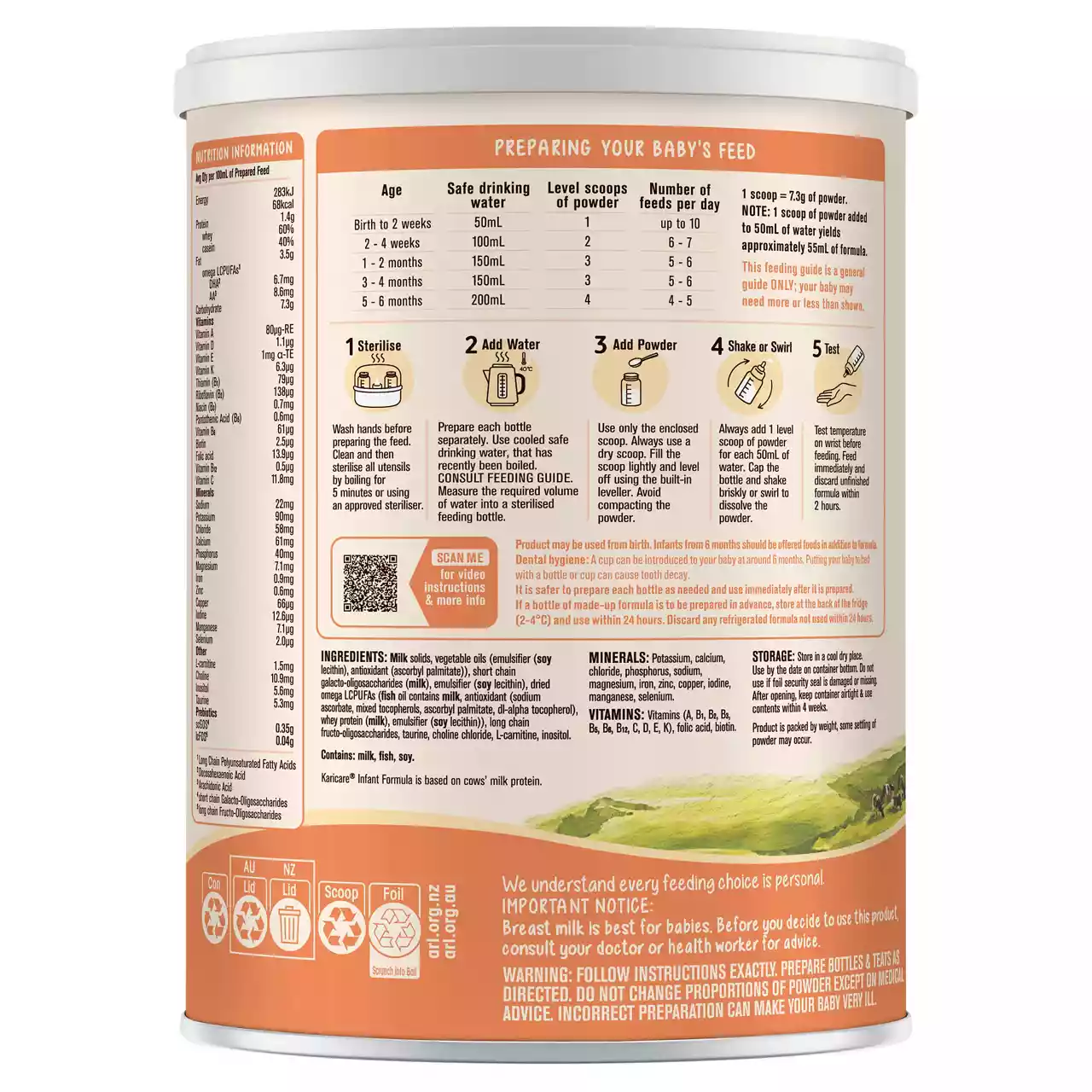 A cylindrical container of baby formula with detailed feeding instructions printed on the packaging. The text includes preparation steps, ingredient information, and safety guidelines. Numeric values such as '100 ml', '150 ml', and '1 scoop' are clearly visible. The design features an orange and beige color palette with a pastoral landscape illustration.