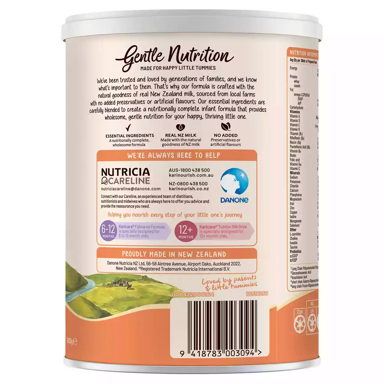 Back view of a baby formula container labeled 'Gentle Nutrition,' highlighting essential ingredients and suitability for infants aged 6–12 months and 12+ months. The packaging emphasizes real New Zealand milk and no added preservatives. Visible text includes '800 g' and 'Nutricia Careline' contact details. The design features a serene landscape image and clear product information.