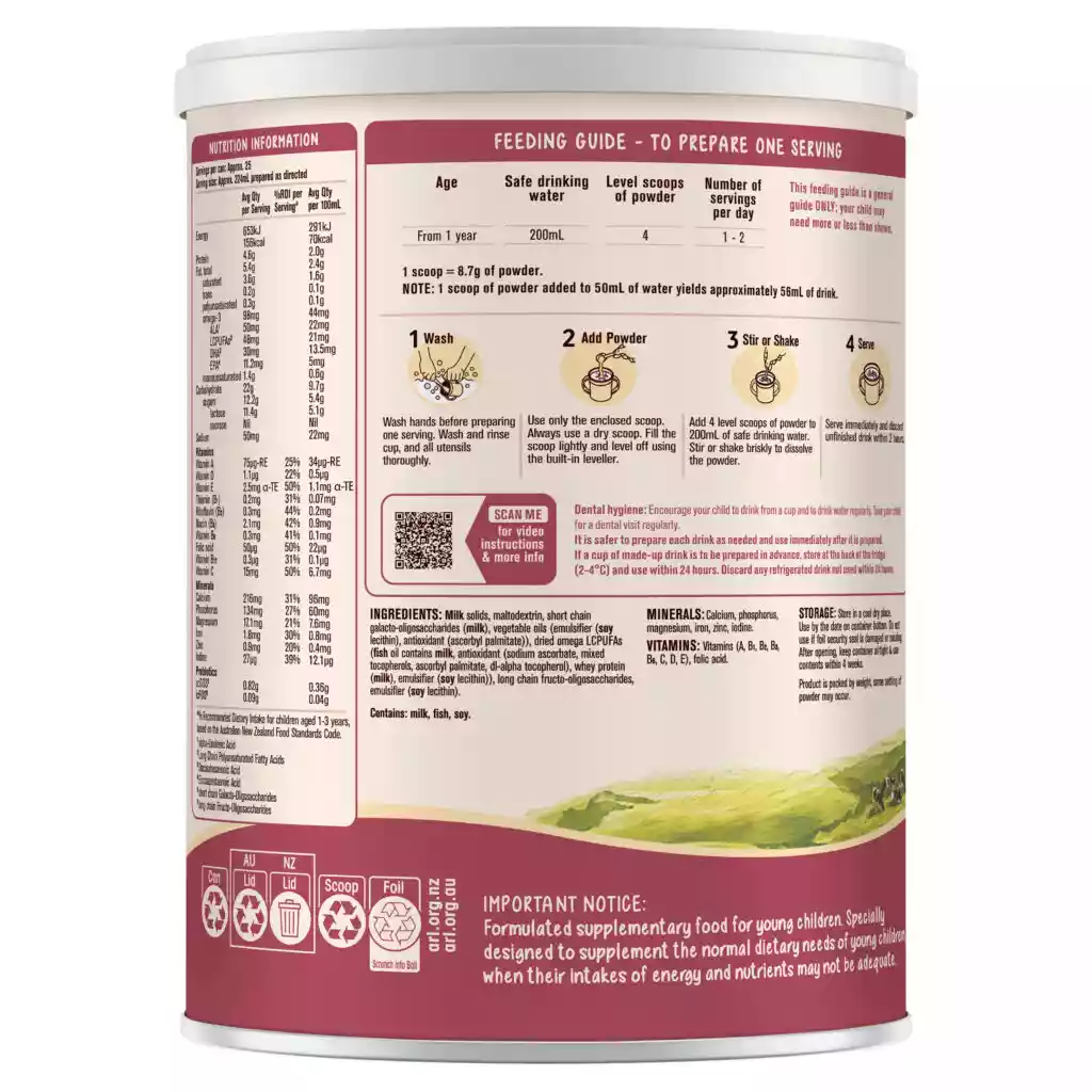Back view of an infant formula tin shows detailed feeding instructions and nutritional information. The panel includes a feeding guide table with age ranges, water quantities, and level scoops of powder, along with step-by-step preparation illustrations. Text sections outline ingredients, minerals, and an important notice about use for young children. A countryside landscape graphic appears at the bottom of the tin, adding a soft, natural visual element.