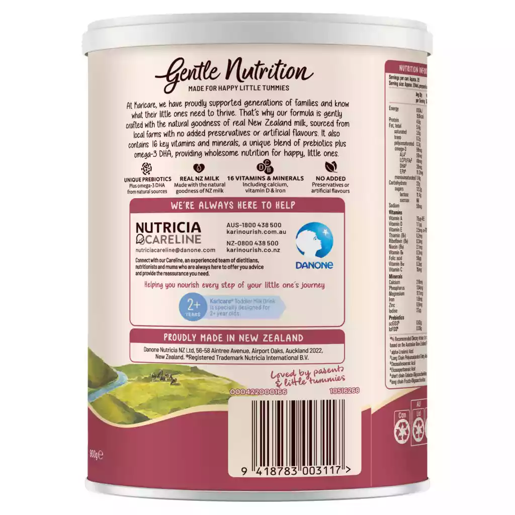Back label of a Gentle Nutrition infant formula tin is shown upright against a white background. The design features text about nutrition benefits, preparation guidance, and customer care contact details. A blue Danone emblem and Nutricia Careline information are visible, along with icons highlighting real A2 milk, 16 vitamins and minerals, and no added sucrose. The lower section includes a scenic illustration of green hills and a barcode with the number 9 418783 003117.