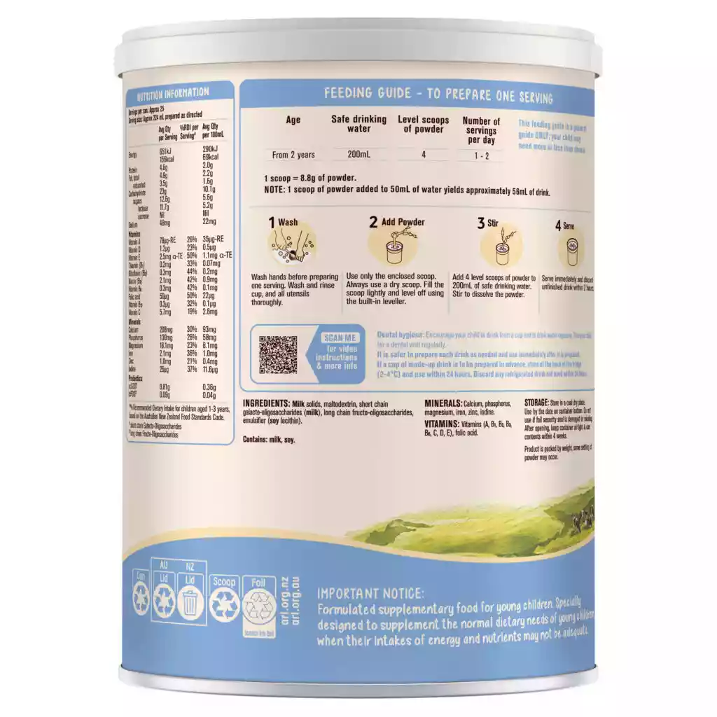 A cylindrical tin of infant formula is shown from the back, featuring a detailed feeding guide and nutritional information table. The panel includes preparation steps illustrated with small icons, ingredient and mineral lists, and a QR code. Text explains usage instructions, safety notices, and age-related serving guidance, with a scenic landscape graphic along the bottom. Symbols near the base indicate recycling and storage recommendations.