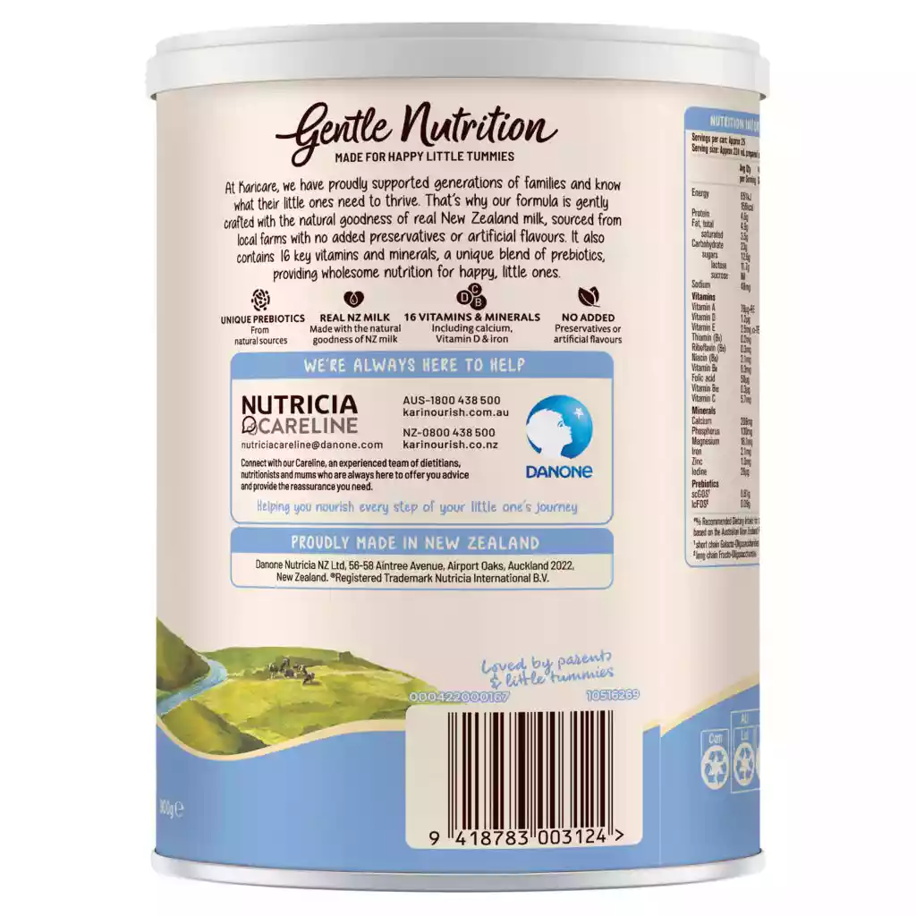 Back view of a Gentle Nutrition infant formula tin shows detailed product information and contact support details. The label highlights features such as real A2 milk, 16 vitamins and minerals, and no added sucrose. A Nutricia Careline section lists AUS and NZ phone numbers and a website, alongside the Danone name and logo. The lower part of the tin features a scenic New Zealand countryside illustration and a barcode with the number 9 418783 003124.