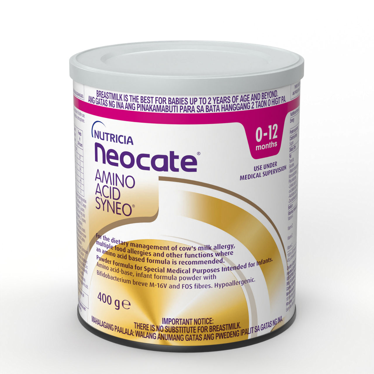 Neocate Amino Acid Syneo Amino Acid-Based Formula powder for infants up to 12 months in a 400 gram tin