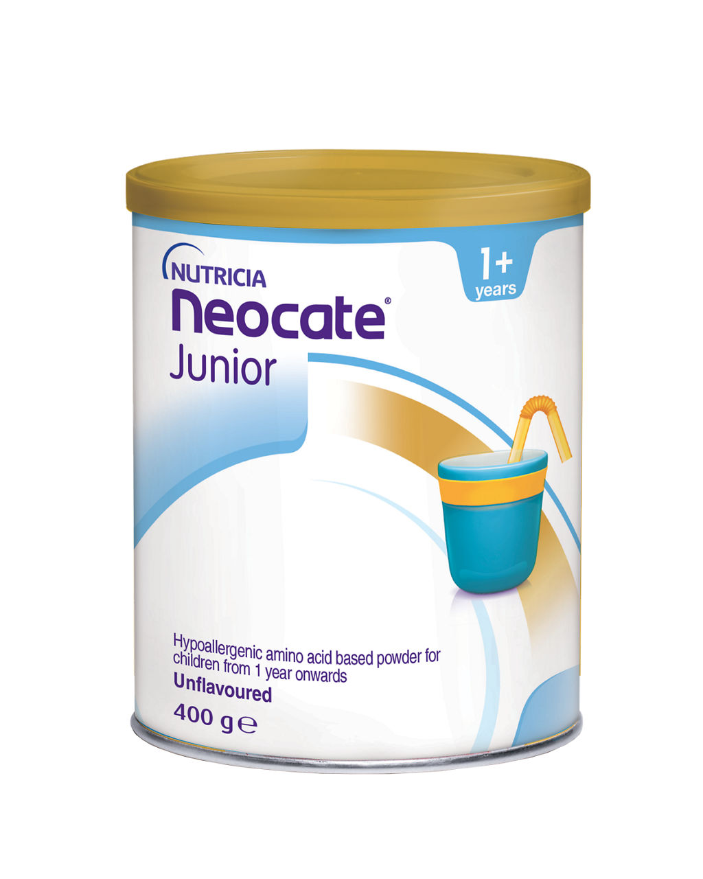 Neocate Junior – prašek brez beljakovin kravjega mleka, obogaten z L-aminokislinami, MCT-maščobami, vitamini in minerali, v pločevinki 400 g, namenjen prehranskem uravnavanju alergij na kravje mleko, večkratnih prehranskih alergij in drugih stanj, kjer je priporočena elementarna prehrana.