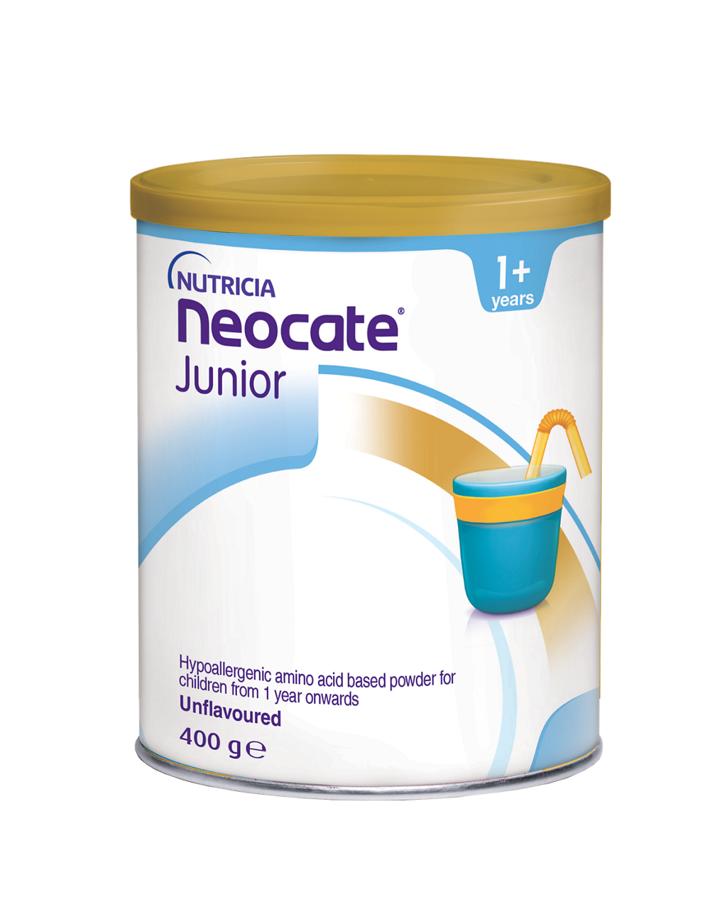 Neocate Junior – prašek brez beljakovin kravjega mleka, obogaten z L-aminokislinami, MCT-maščobami, vitamini in minerali, v pločevinki 400 g, namenjen prehranskem uravnavanju alergij na kravje mleko, večkratnih prehranskih alergij in drugih stanj, kjer je priporočena elementarna prehrana.