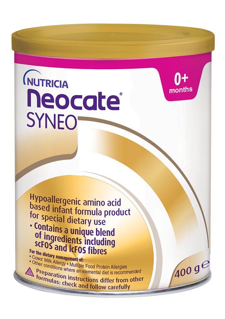 Neocate Syneo – hipoalergena praškasta formula na osnovi aminokislin, obogatena z Bifidobacterium breve M-16V, prebiotiki (scFOS in lcFOS) ter dolgoverižnimi nenasičenimi maščobnimi kislinami (DHA in ARA), v pločevinki 400 g, namenjena prehranskemu uravnavanju alergij na beljakovine kravjega mleka, večkratnih prehranskih alergij in drugih stanj, kjer je priporočena elementarna prehrana pri dojenčkih od rojstva do 12. meseca starosti.
