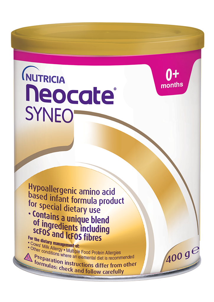 Neocate Syneo – hipoalergena praškasta formula na osnovi aminokislin, obogatena z Bifidobacterium breve M-16V, prebiotiki (scFOS in lcFOS) ter dolgoverižnimi nenasičenimi maščobnimi kislinami (DHA in ARA), v pločevinki 400 g, namenjena prehranskemu uravnavanju alergij na beljakovine kravjega mleka, večkratnih prehranskih alergij in drugih stanj, kjer je priporočena elementarna prehrana pri dojenčkih od rojstva do 12. meseca starosti.
