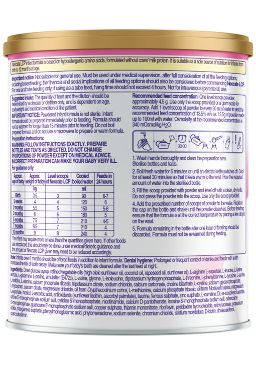 A can of hypoallergenic infant formula designed for babies with specific dietary needs. The packaging includes detailed preparation instructions, feeding guidelines, and nutritional information. The label prominently displays measurements such as '30 ml' and '4.5 g' for accurate preparation. The can features a gold lid and a white and purple label with text-heavy details.