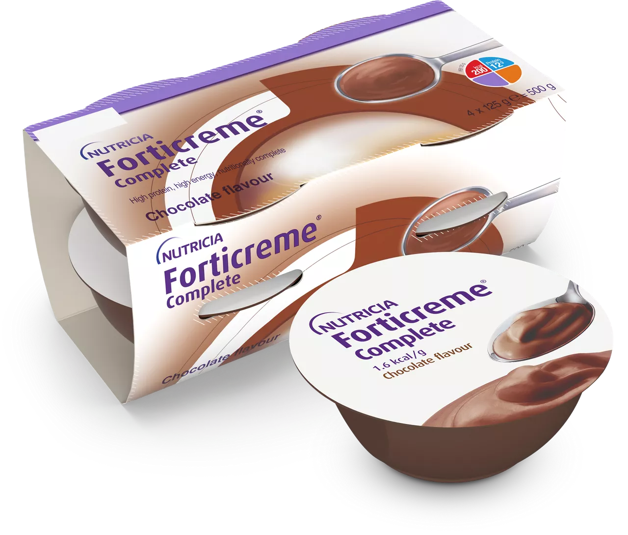 A box and single serving of Nutricia Forticreme Complete, a chocolate flavour dessert. The packaging displays a spoonful of creamy chocolate dessert and clear product labeling. The box indicates a pack size of 4 x 125 g and a total weight of 500 g. The setting is a clean, studio-style product shot with a focus on the dessert's texture.