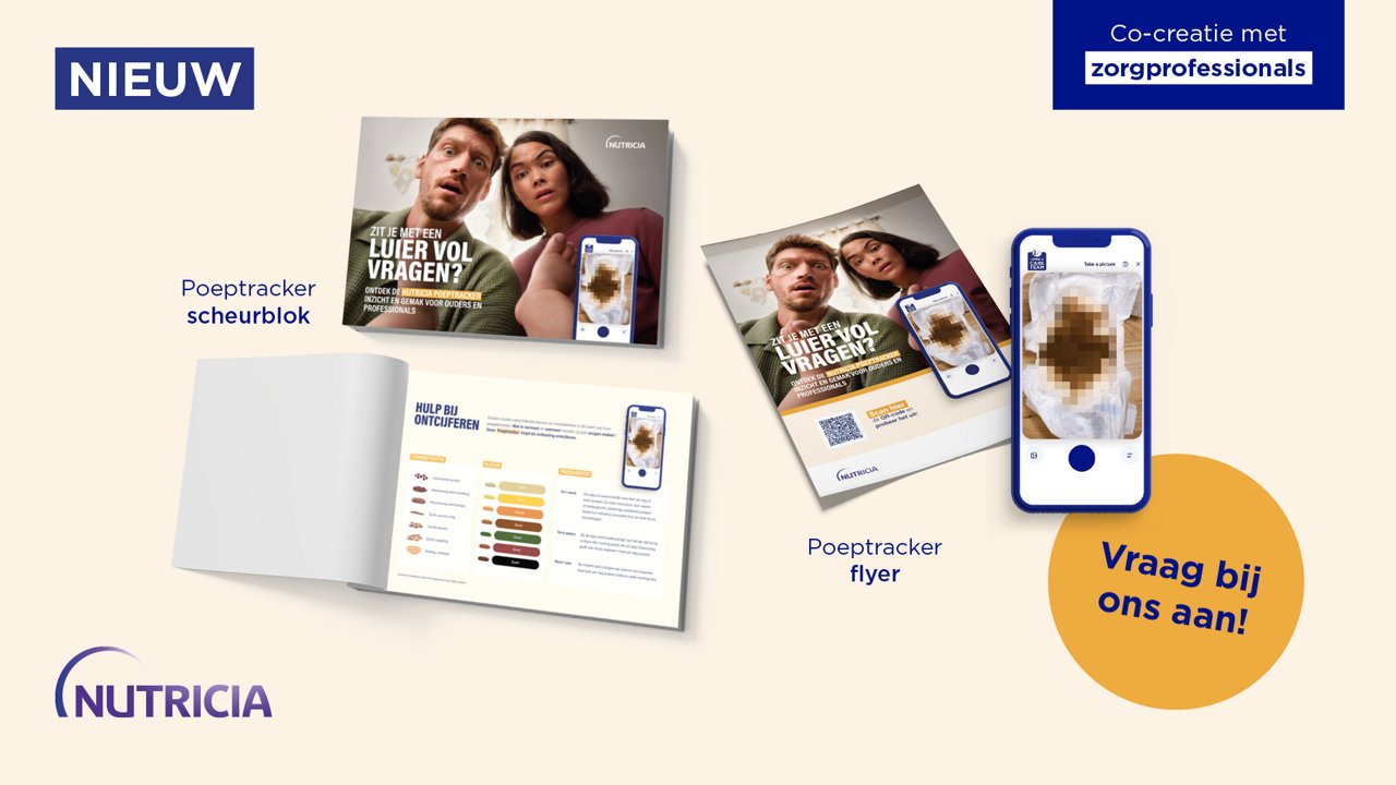 Nutricia Poeptracker met scheurblok, flyer en digitale Luier Scan, ontwikkeld in co-creatie met zorgprofessionals.