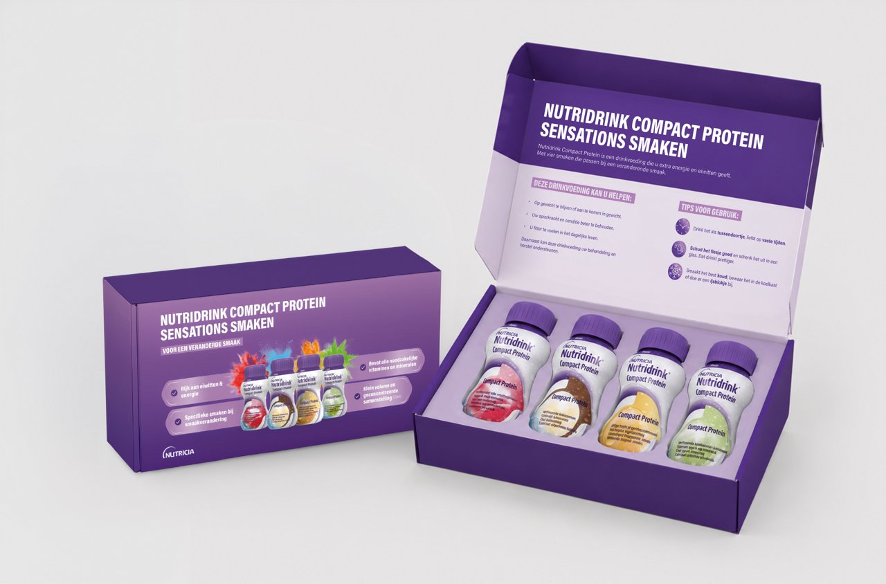 Nutridrink Compact Protein Sensations voedingsdrank voor ziektegerelateerde ondervoeding in multipackverpakking.