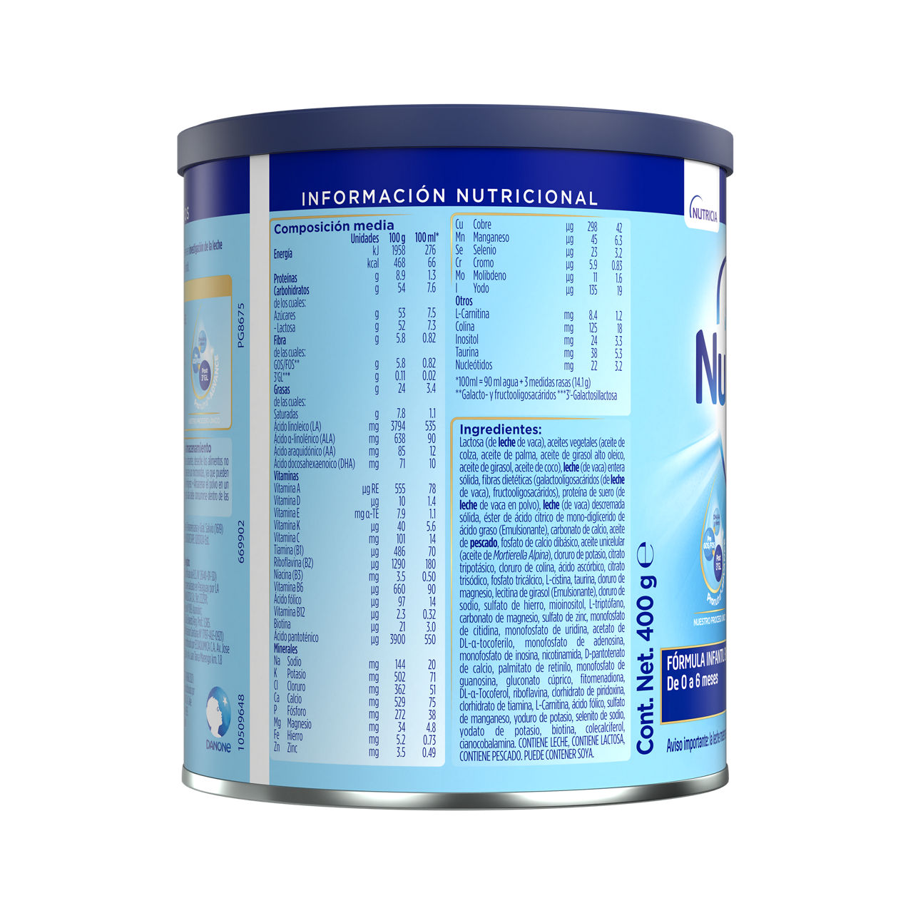 Nutrilon Premium + 1 Nutrilon 1 fórmula infantil polvo etapa 1 envase azul claro azul oscuro 400g para bebés 0 a 6 meses costado derecho - Nutricia Ecuador