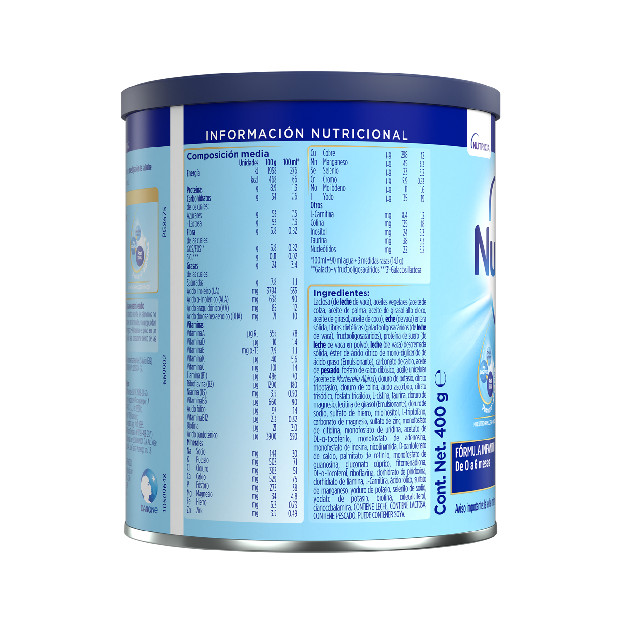 Nutrilon™  Premium + 1 fórmula infantil en polvo envase azul claro azul oscuro 400g para bebés 0 a 6 meses costado derecho - Nutriciaclub Paraguay