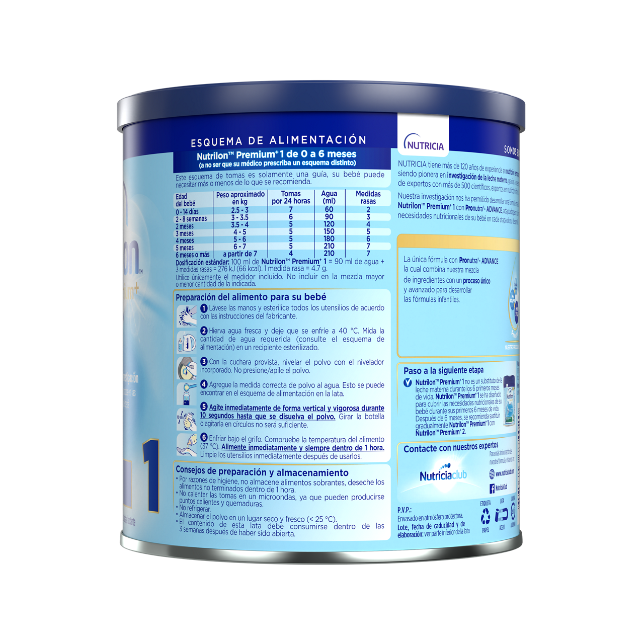 Nutrilon Premium + 1 Nutrilon 1 fórmula infantil polvo etapa 1 envase azul claro azul oscuro 800g para bebés 0 a 6 meses costado derecho