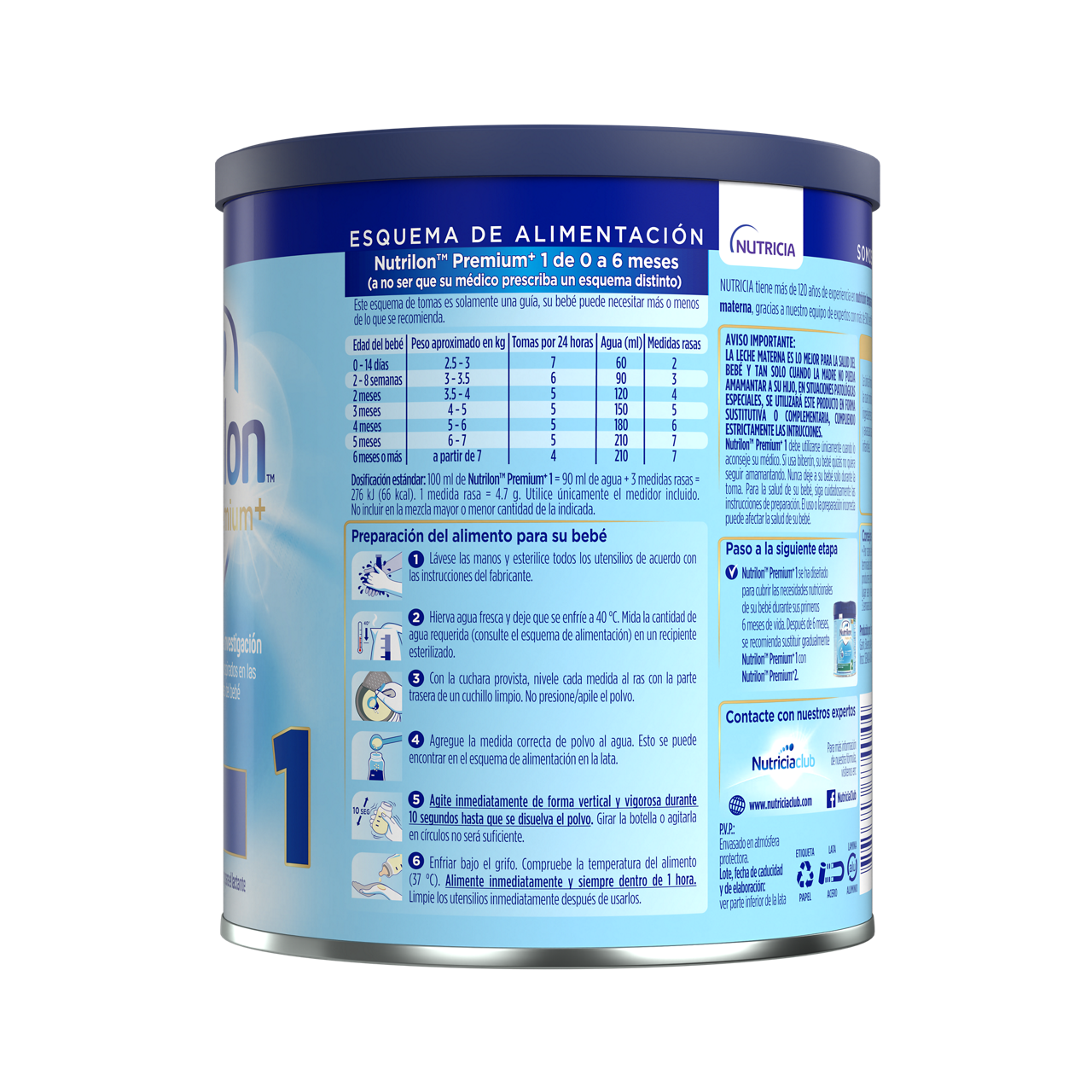 Nutrilon™  Premium + 1  fórmula infantil en polvo envase azul claro azul oscuro 400g para bebés 0 a 6 meses costado izquierdo - Nutriciaclub Paraguay