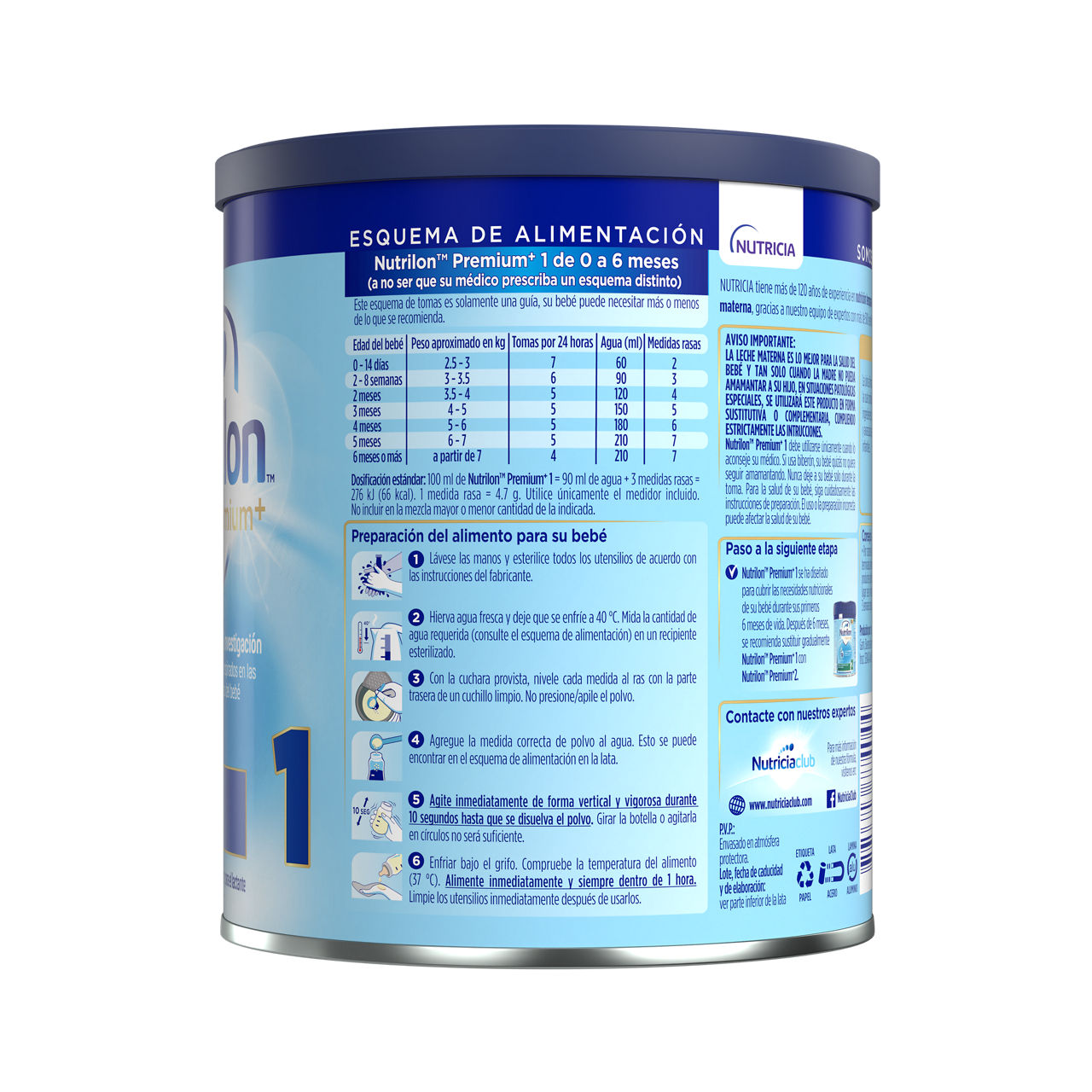 Nutrilon Premium + 1 Nutrilon 1 fórmula infantil polvo inicio envase azul claro azul oscuro 400g para bebés 0 a 6 meses costado izquierdo - Nutricia Ecuador