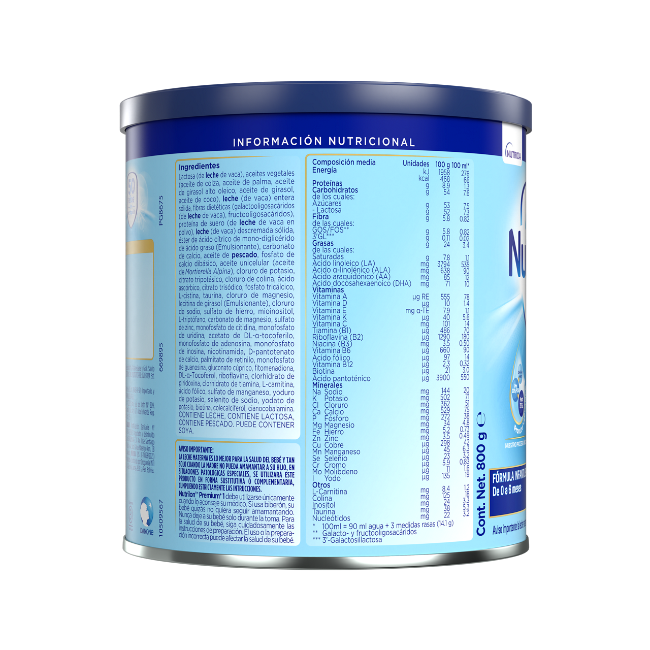 Nutrilon Premium + 1 Nutrilon 1 fórmula infantil polvo inicio envase azul claro azul oscuro 800g para bebés 0 a 6 meses costado izquierdo