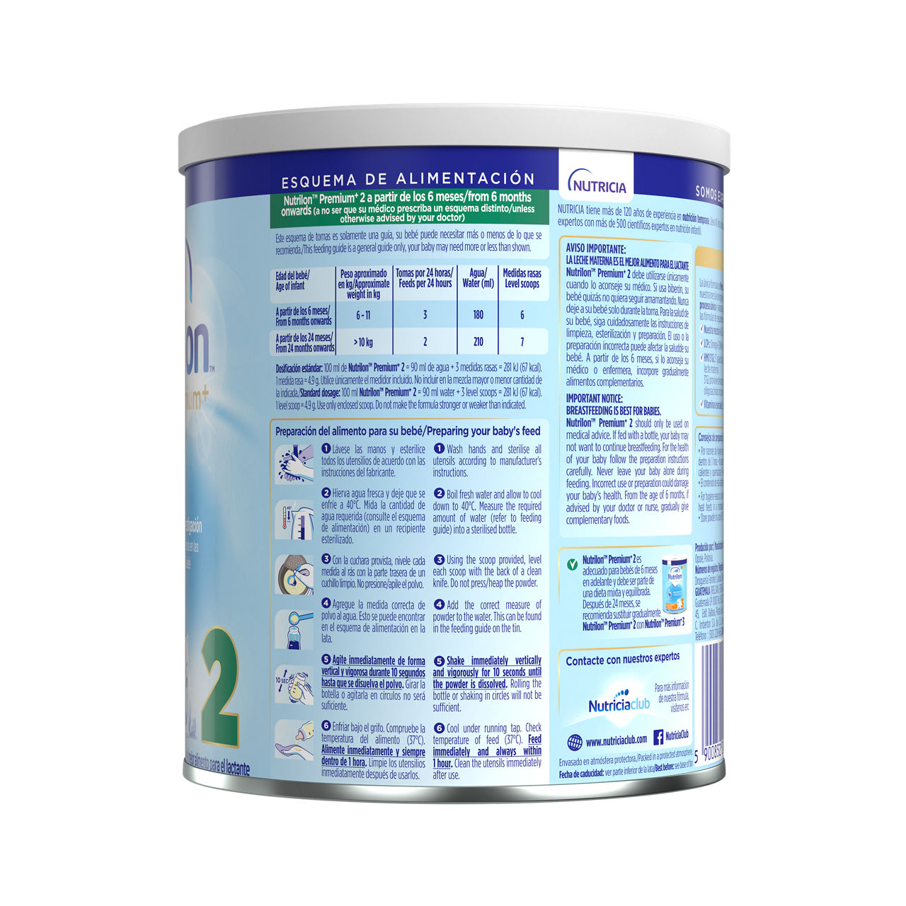 Nutrilon Premium + 2 Nutrilon 2 fórmula seguimiento polvo contunación envase azul claro verde 400g para bebés 6 a 12 meses costado izquierdo