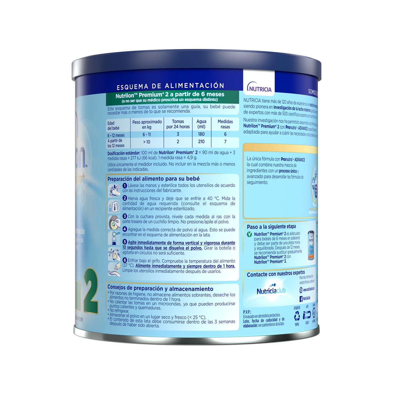 Nutrilon Premium + 2 Nutrilon 2 fórmula seguimiento polvo contunación envase azul claro verde 800g para bebés 6 a 12 meses costado izquierdo