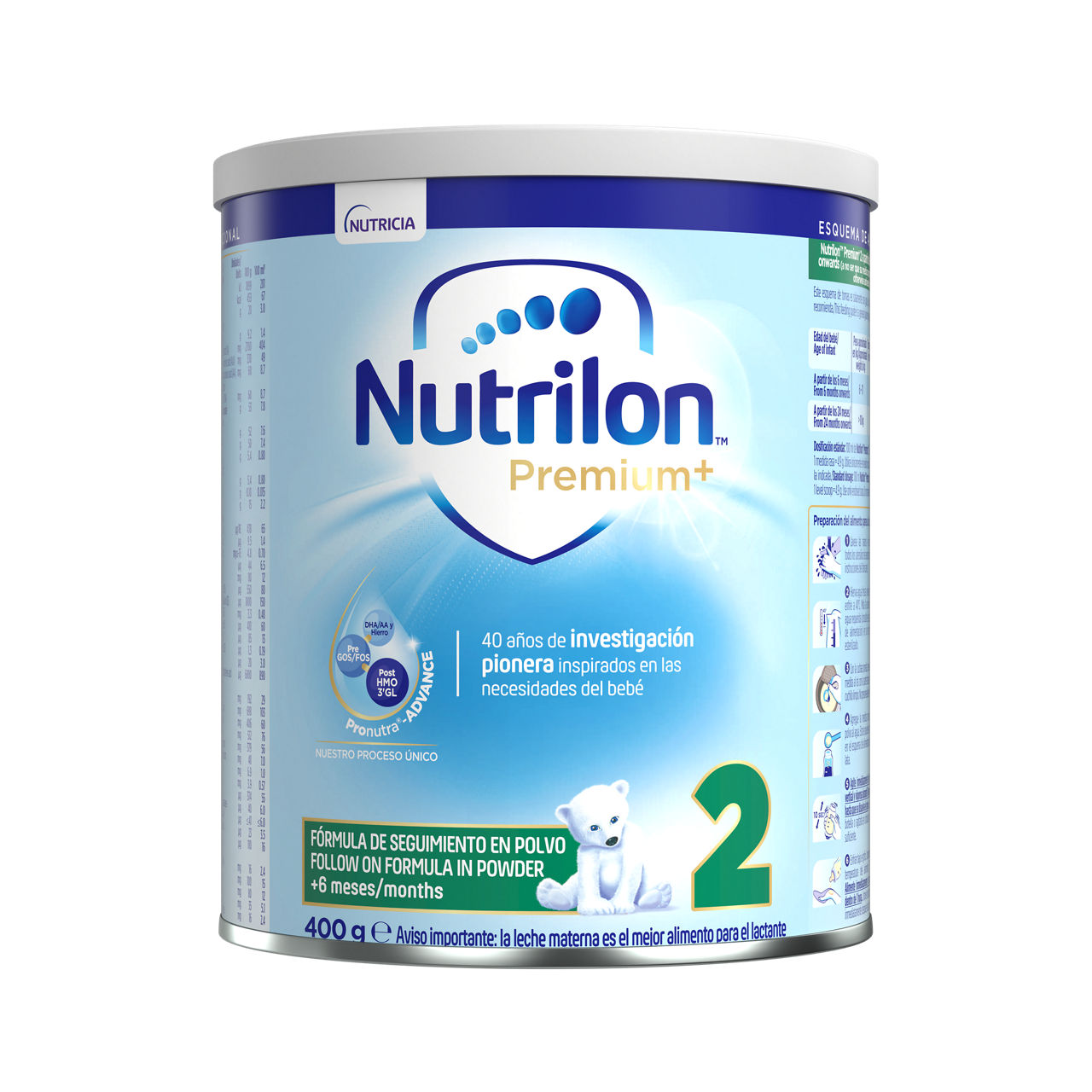 Nutrilon Premium + 2 Nutrilon 2 fórmula seguimiento polvo etapa 2 continuación lata 400g para bebés 6 a 12 meses - Nutricia Ecuador