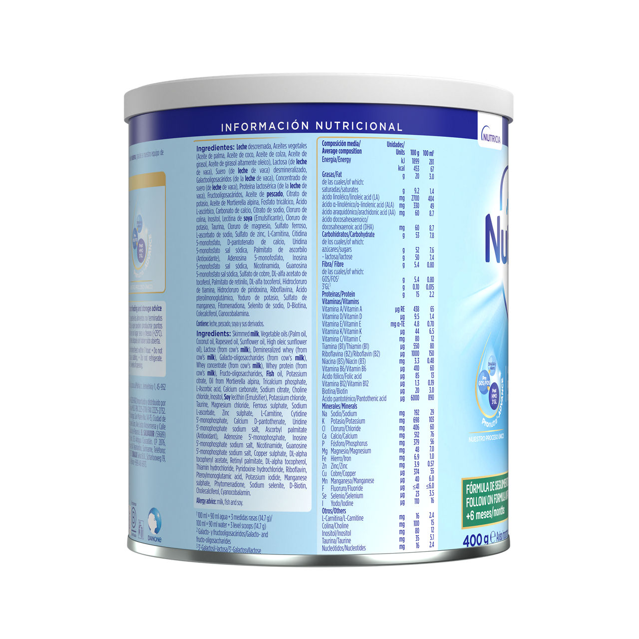 Nutrilon Premium + 2 Nutrilon 2 fórmula seguimiento polvo etapa 2 envase azul claro verde 400g para bebés 6 a 12 meses costado derecho