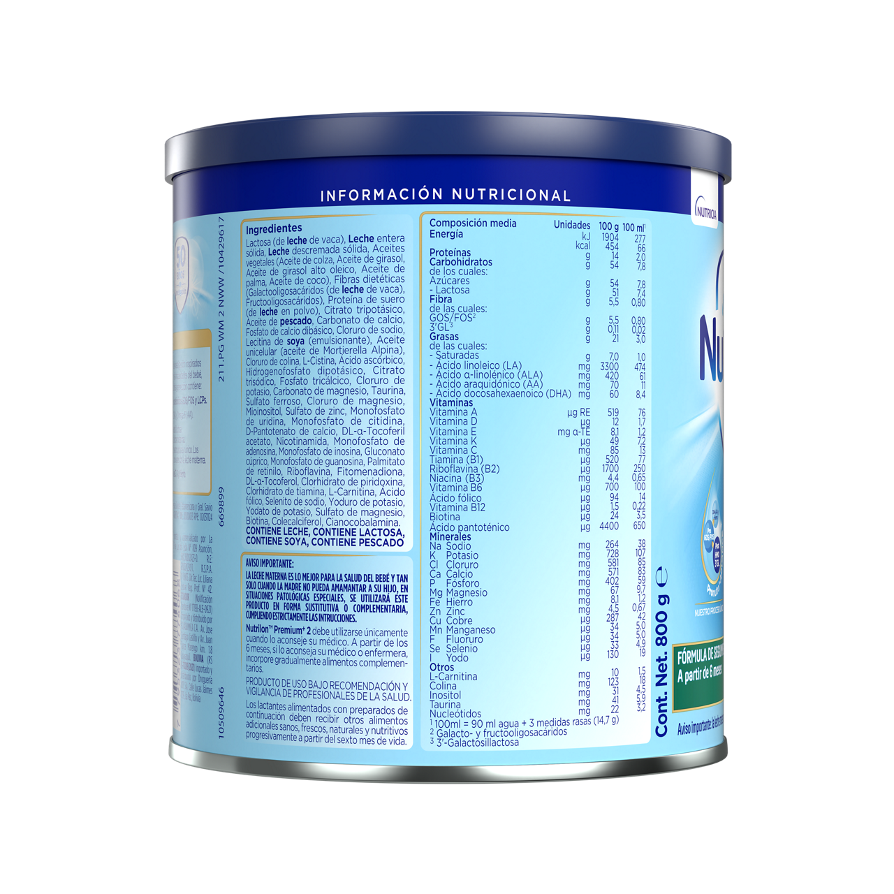 Nutrilon Premium + 2 Nutrilon 2 fórmula seguimiento polvo etapa 2 envase azul claro verde 800g para bebés 6 a 12 meses costado derecho