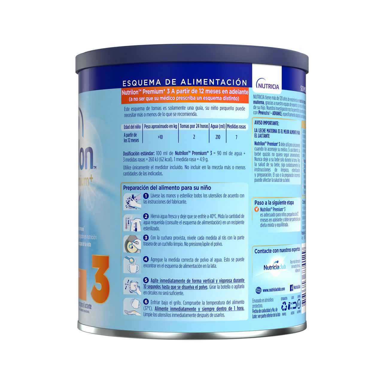 Nutrilon Premium + 3 Nutrilon 3 fórmula crecimento polvo para niños pequeños envase azul claro naranja 400g para bebés desde 12 meses costado izquierdo - Nutricia Ecuador