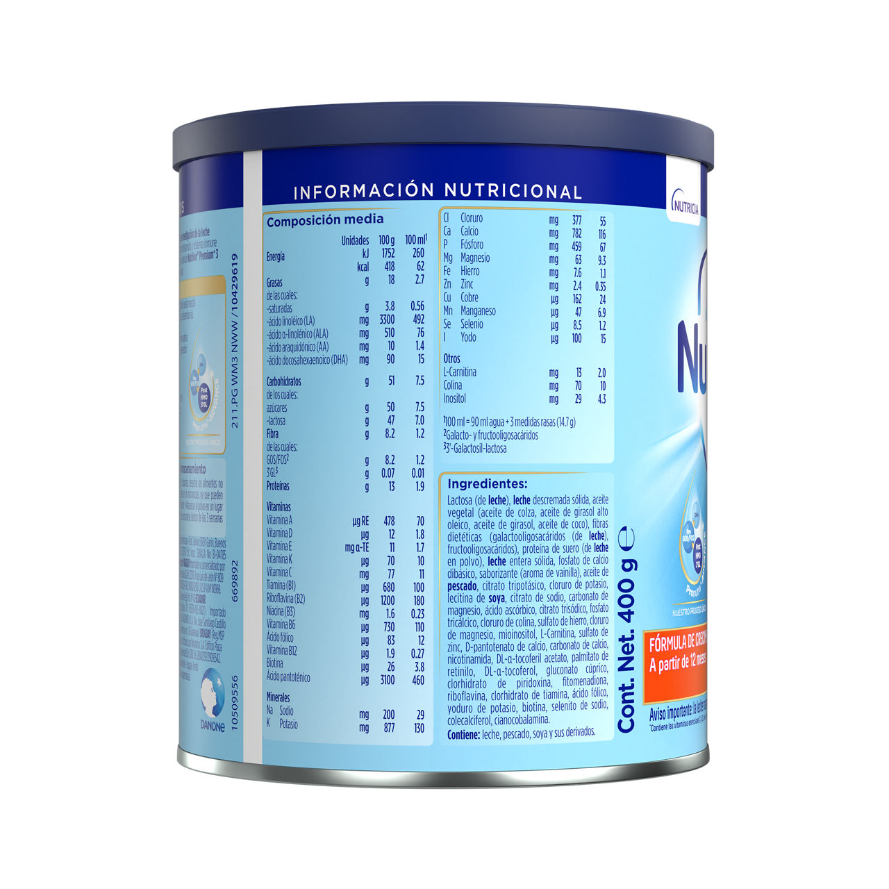 Nutrilon Premium + 3 Nutrilon 3 fórmula crecimiento polvo etapa 3 envase azul claro naranja 400g para bebés desde 12 meses costado derecho - Nutricia Ecuador