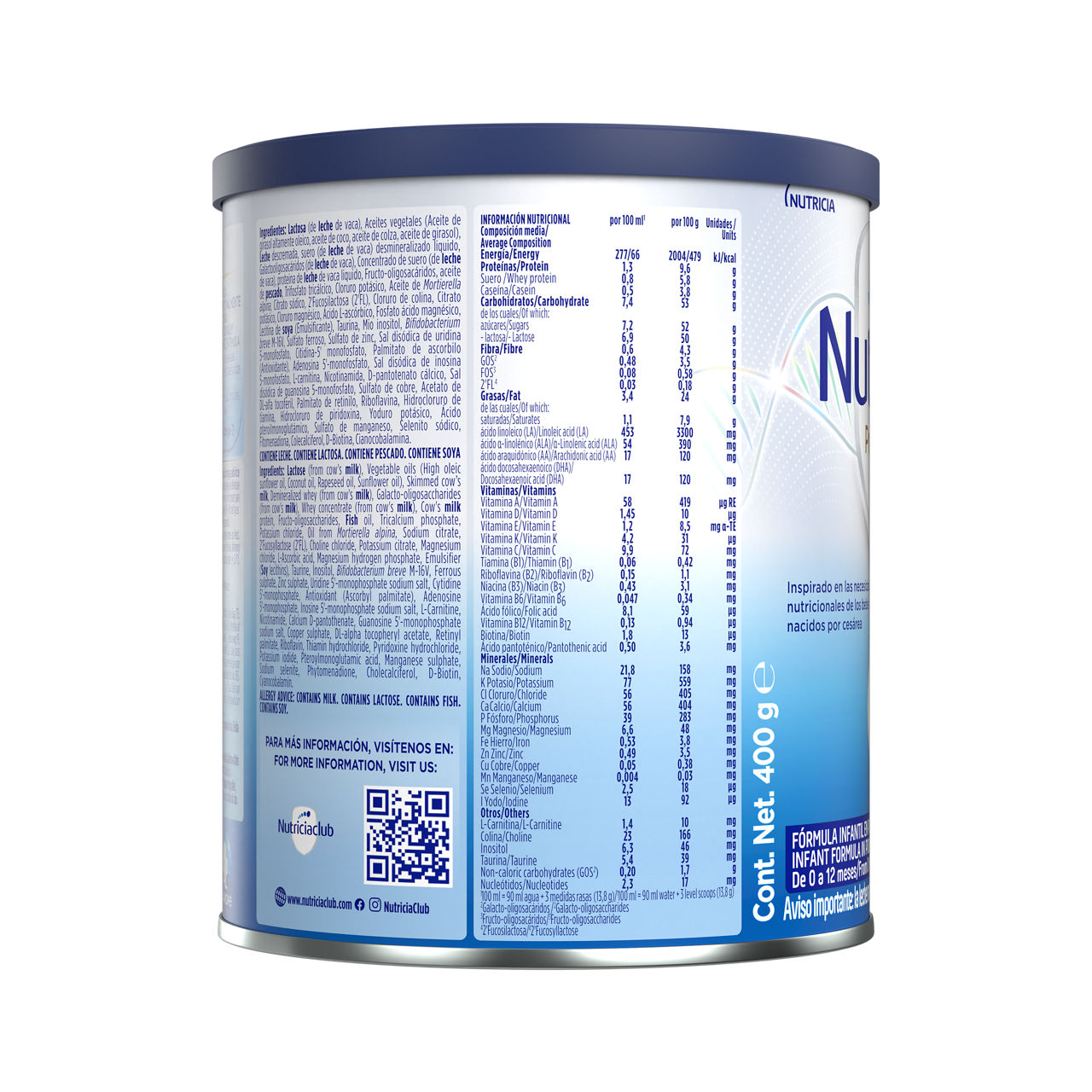 Nutrilon Premium + C-Biotik fórmula para bebés nacidos por cesárea envase azul plateado lata de 400g a partir del nacimiento costado derecho