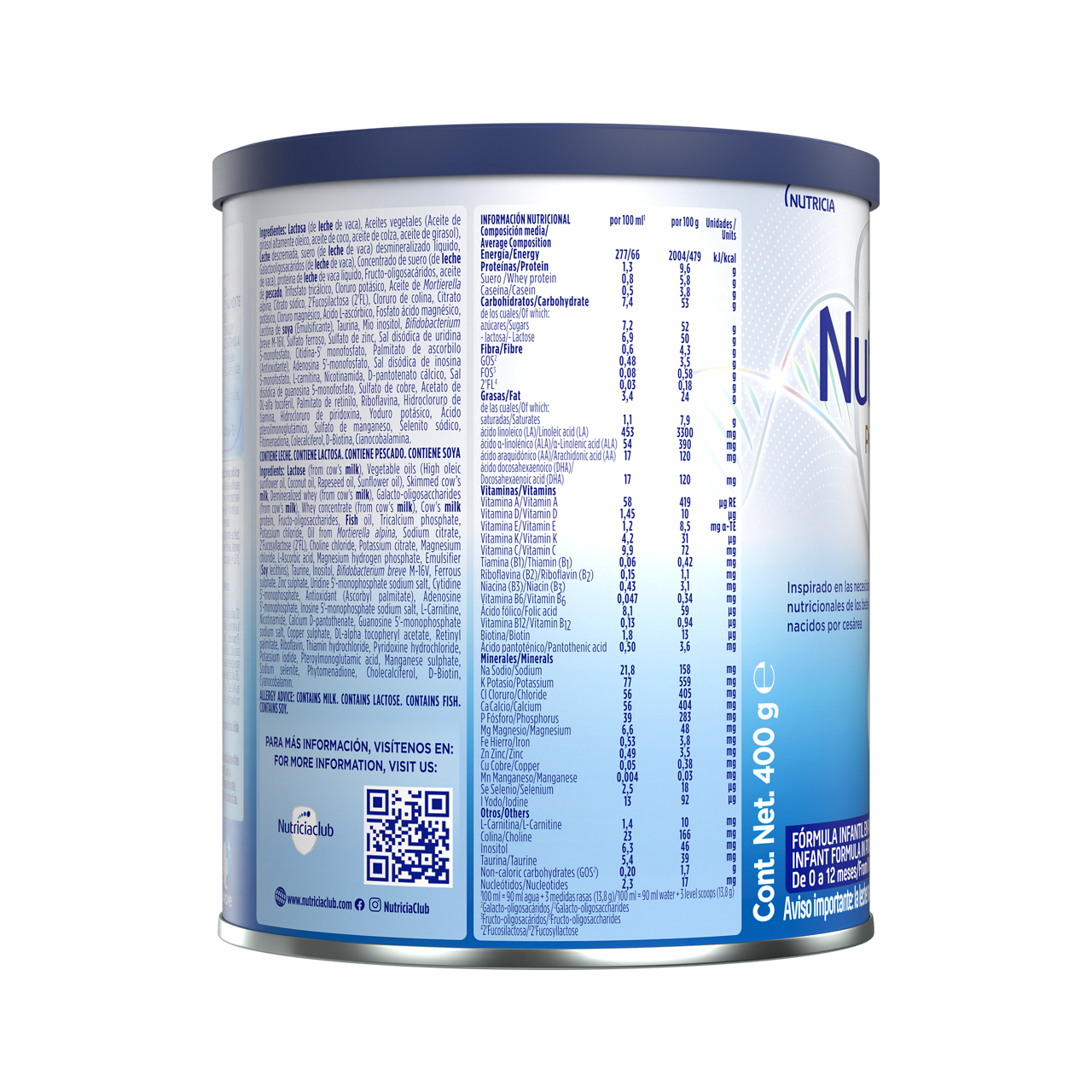 Nutrilon Premium + C-Biotik fórmula en polvo inspirada en las necesidades nutricionales de los bebés nacidos por cesárea para bebés de 0 a 12 meses envase azul plata lata 400g costado derecho - Nutriciaclub Paraguay