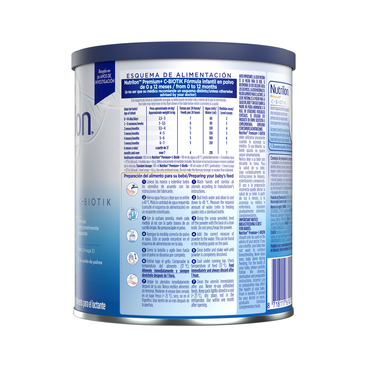 Nutrilon Premium + C-Biotik fórmula en polvo inspirada en las necesidades nutricionales de los bebés nacidos por cesárea para bebés de 0 a 12 meses envase azul plata lata 400g costado izquierdo - Nutriciaclub Paraguay