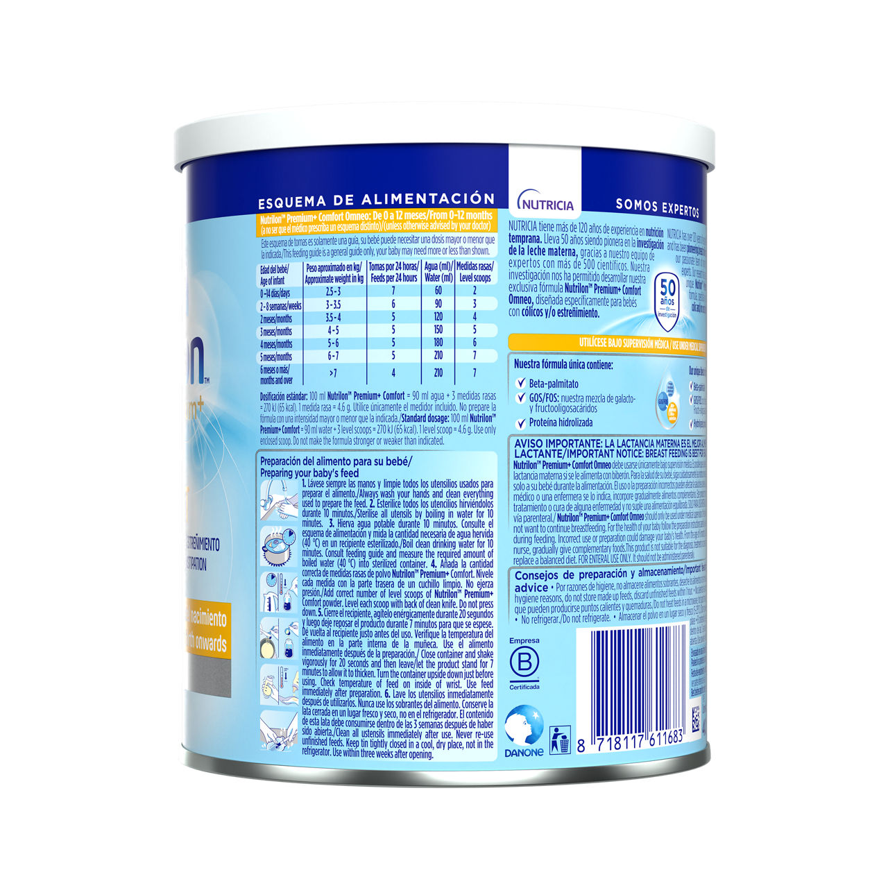 Nutrilon Premium + Comfort Omneo fórmula cólicos envase azul 400g a partir del nacimiento costado izquierdo - Nutricia Ecuador