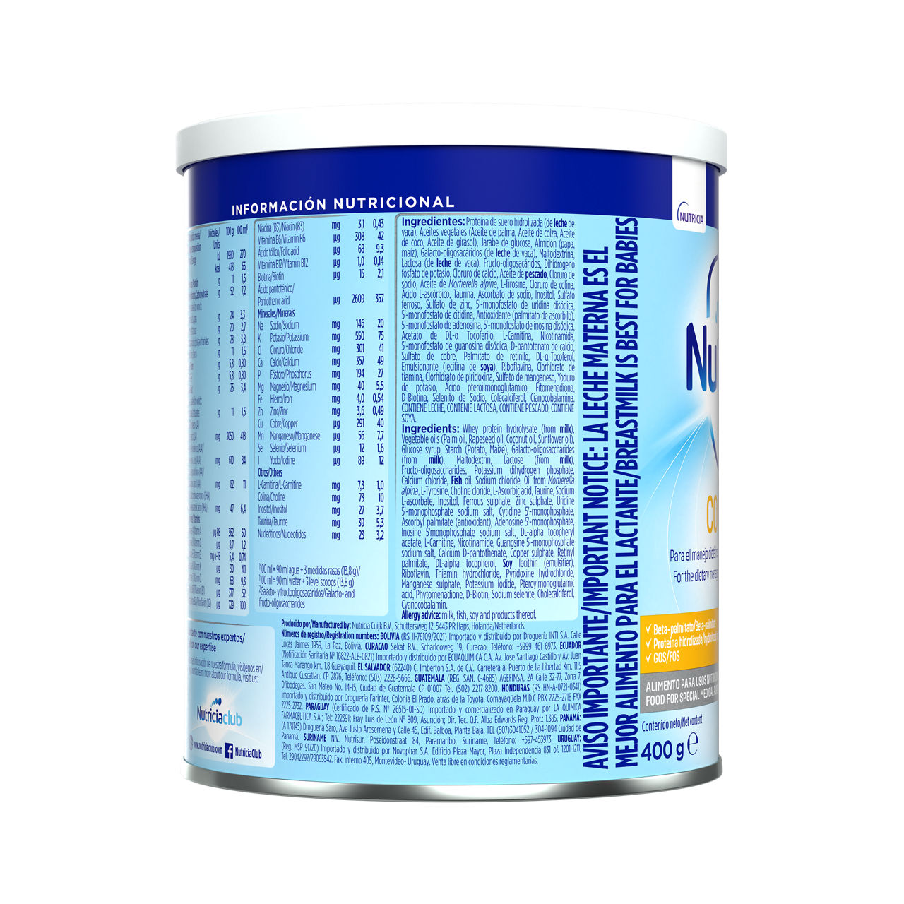 Nutrilon Premium + Comfort Omneo fórmula cólicos envase azul 400g recién nacido costado derecho - Nutricia Ecuador