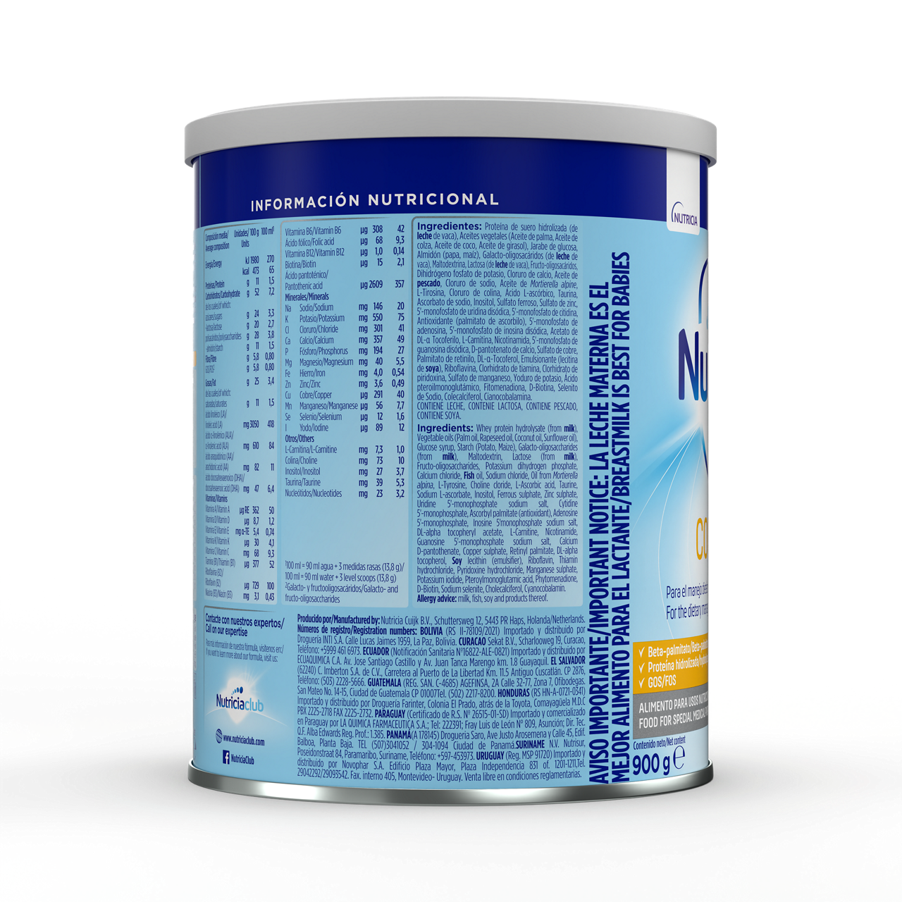 Nutrilon Premium + Comfort Omneo fórmula cólicos envase azul claro 900g recién nacido costado derecho