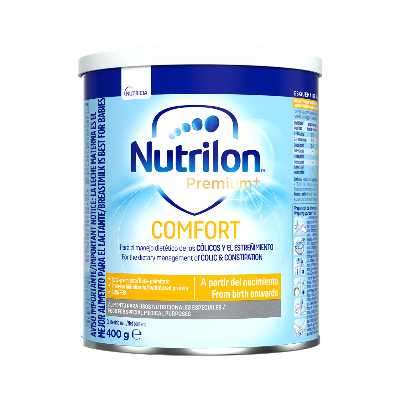 Nutrilon Premium + Comfort Omneo fórmula polvo antiestreñimiento cólicos lata 400g para bebés a partir del nacimiento - Nutricia Ecuador