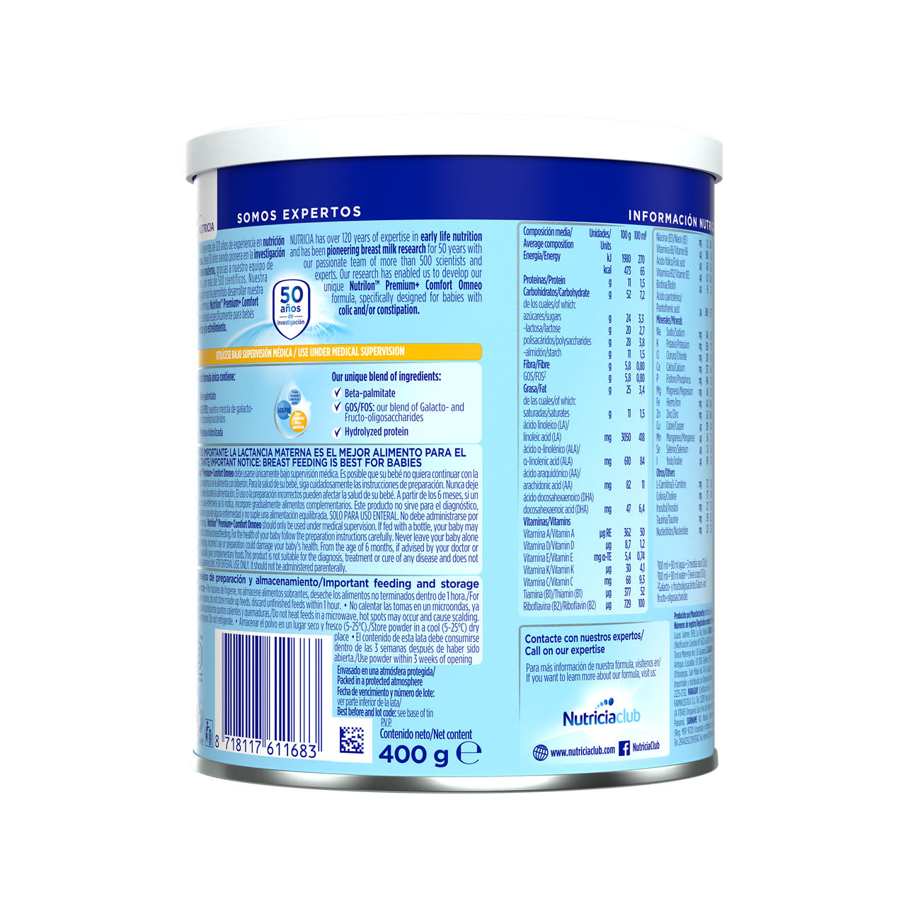 Nutrilon Premium + Comfort Omneo fórmula polvo antiestreñimiento cólicos lata azul 400g para bebés recién nacidos - Nutricia Ecuador