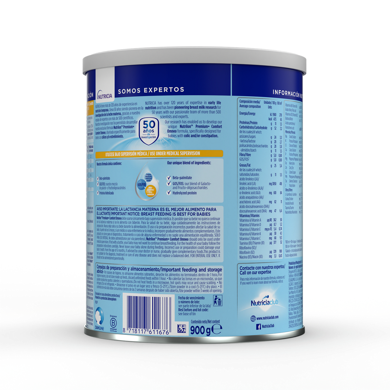 Nutrilon Premium + Comfort Omneo fórmula polvo antiestreñimiento cólicos lata azul claro 900g para bebés recién nacidos