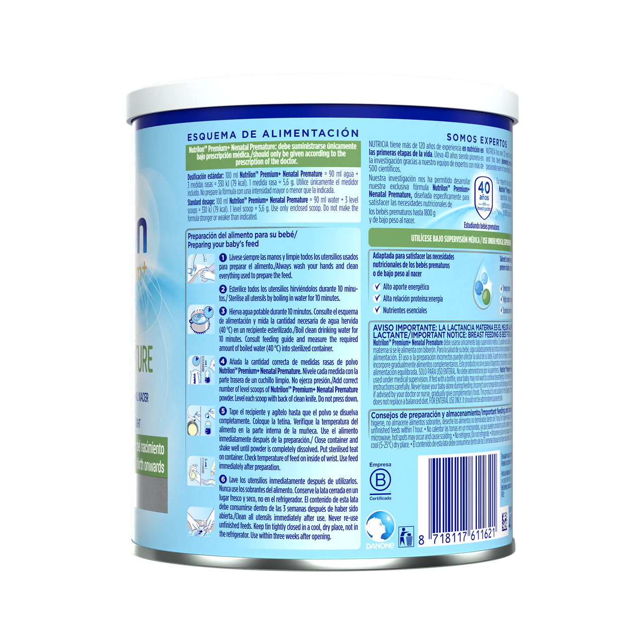 Nutrilon Premium + Nenatal Premature Nutrilon Premature fórmula bebé bajo peso al nacer envase azul claro verde 400g para bebés a partir del nacimiento costado izqueirdo - Nutricia Ecuador