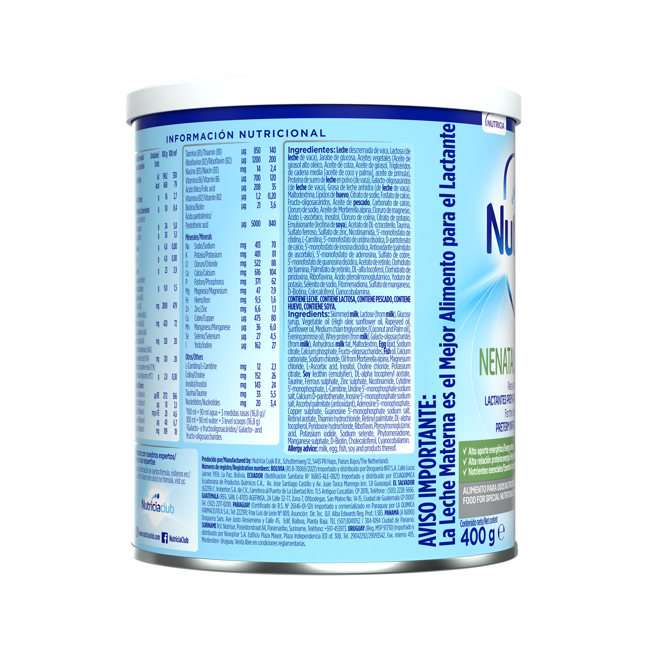 Nutrilon Premium + Nenatal Premature Nutrilon Premature fórmula bebé prematuro envase azul claro verde 400g recién nacido costado derecho