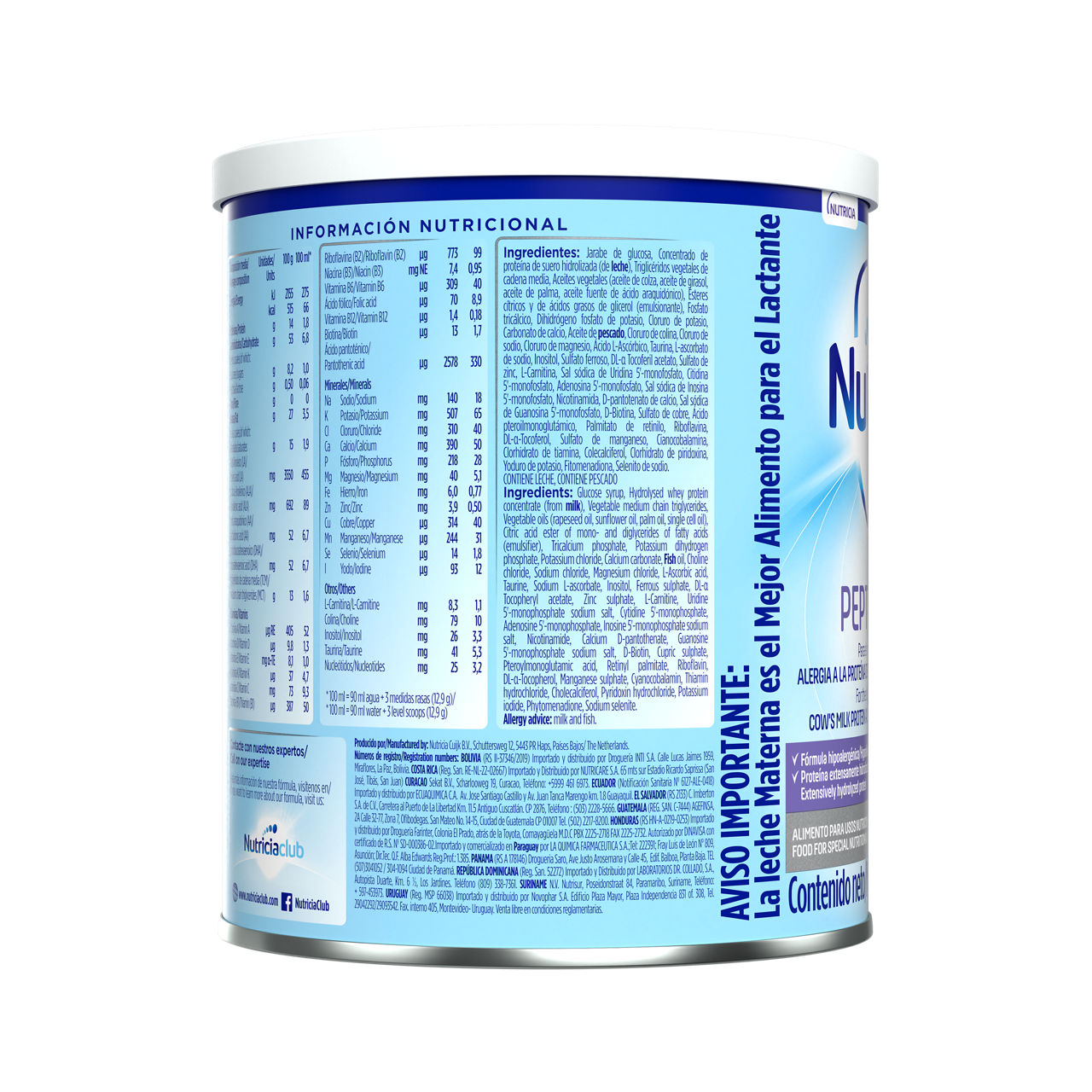 Nutrilon Premium + Pepti Junior fórmula extensamente hidrolizada envase azul claro morado 400g recién nacido costado derecho - Nutricia Ecuador