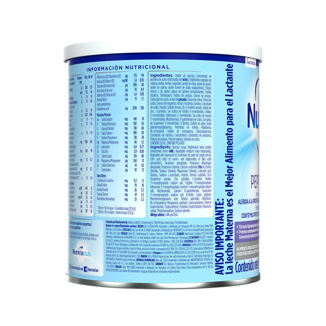 Nutrilon Premium + Pepti Junior fórmula extensamente hidrolizada envase azul claro morado 400g recién nacido costado derecho