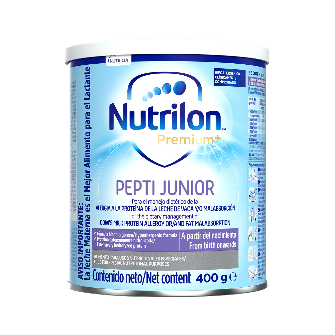 Nutrilon Premium + Pepti Junior fórmula polvo extensamente hidrolizada hipoalergénica lata 400g para bebés a partir del nacimiento