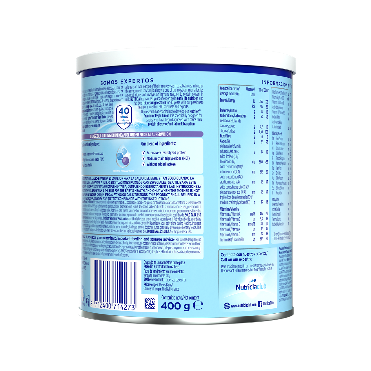 Nutrilon Premium + Pepti Junior fórmula polvo extensamente hidrolizada hipoalergénica lata azul claro morado 400g para bebés recién nacidos