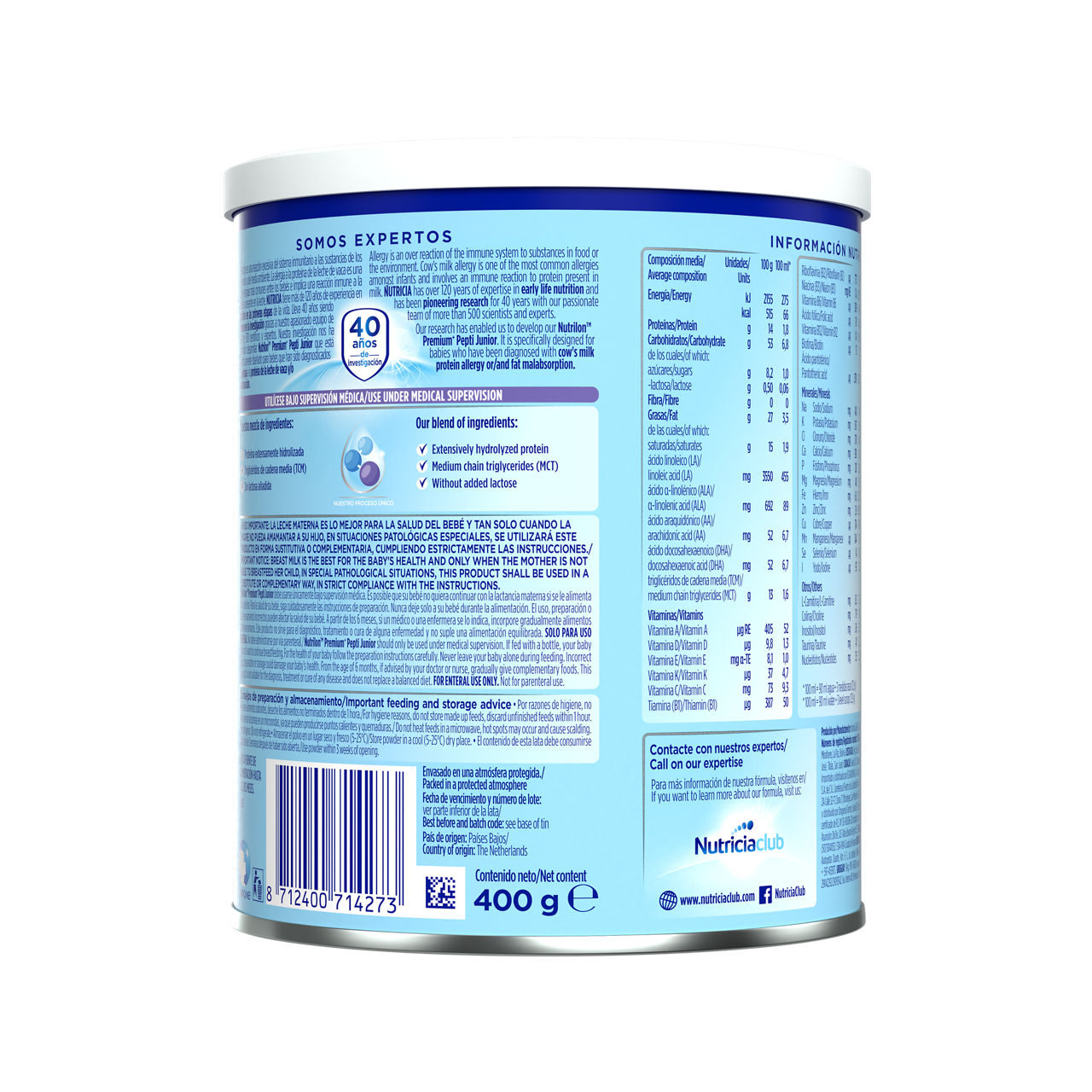 Nutrilon Premium + Pepti Junior fórmula polvo extensamente hidrolizada hipoalergénica lata azul claro morado 400g para bebés recién nacidos - Nutricia Ecuador