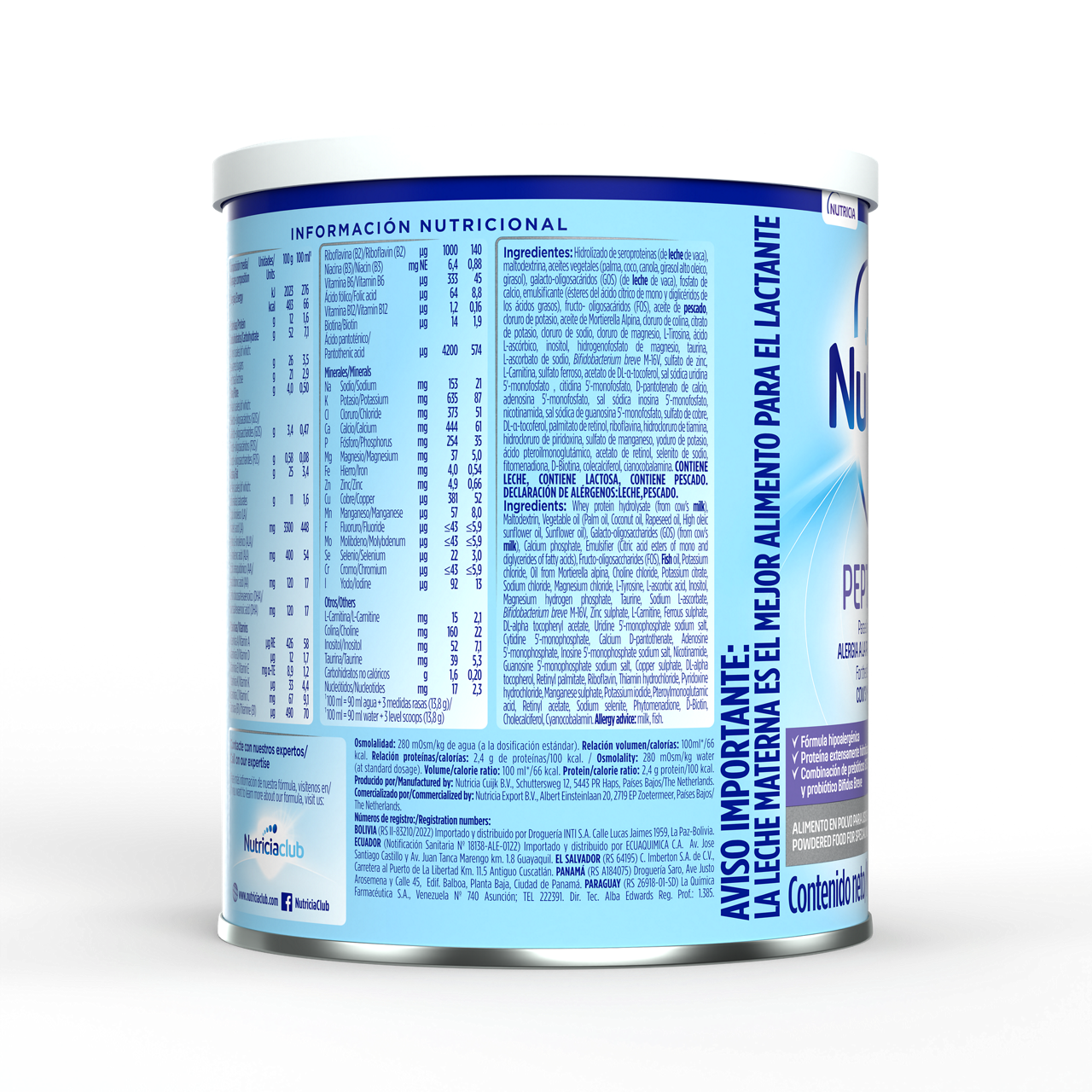 Nutrilon Premium + Pepti Syneo fórmula extensamente hidrolizada aplv envase azul claro morado 400g recién nacido costado derecho