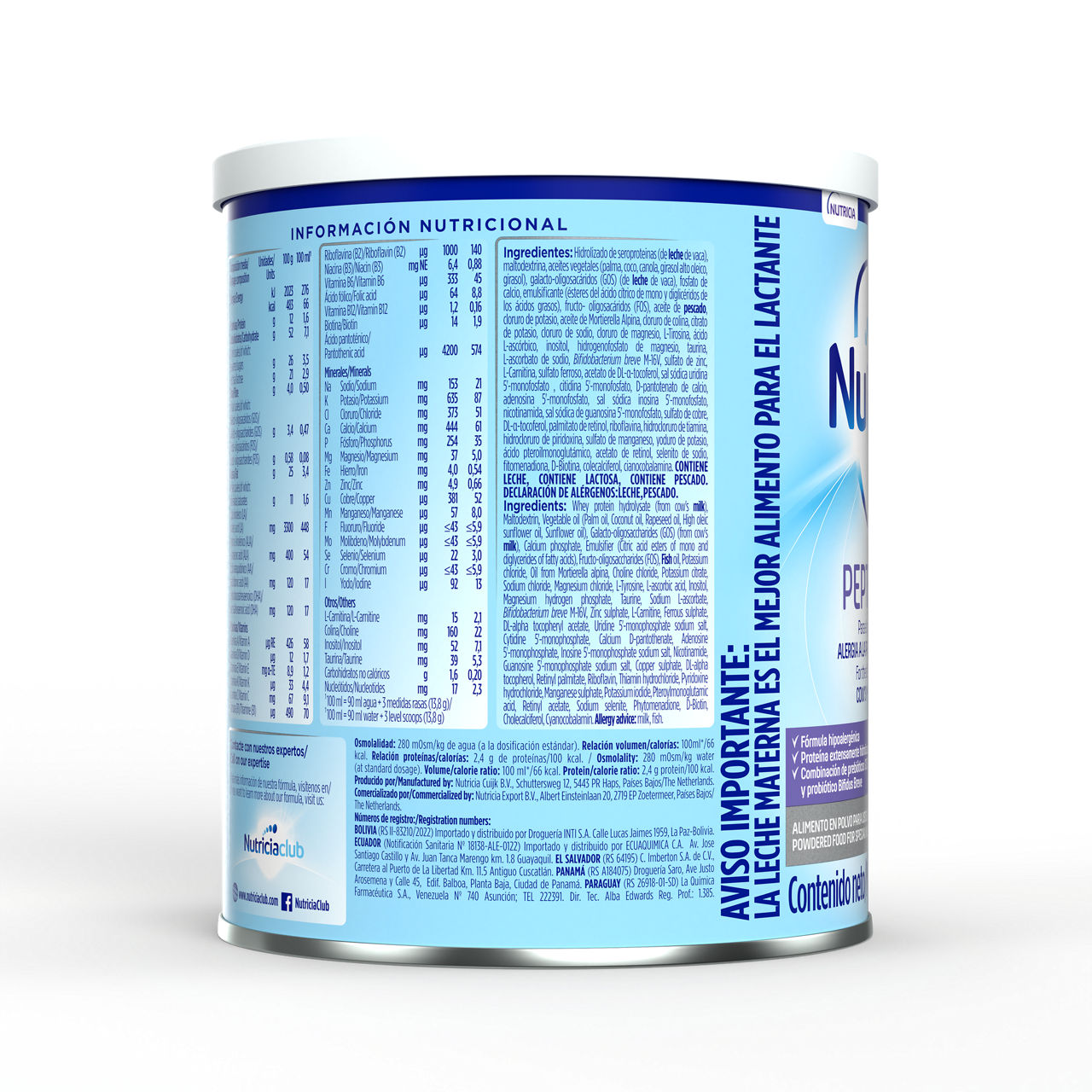 Nutrilon Premium + Pepti Syneo fórmula extensamente hidrolizada aplv envase azul claro morado 400g recién nacido costado derecho - Nutricia Ecuador