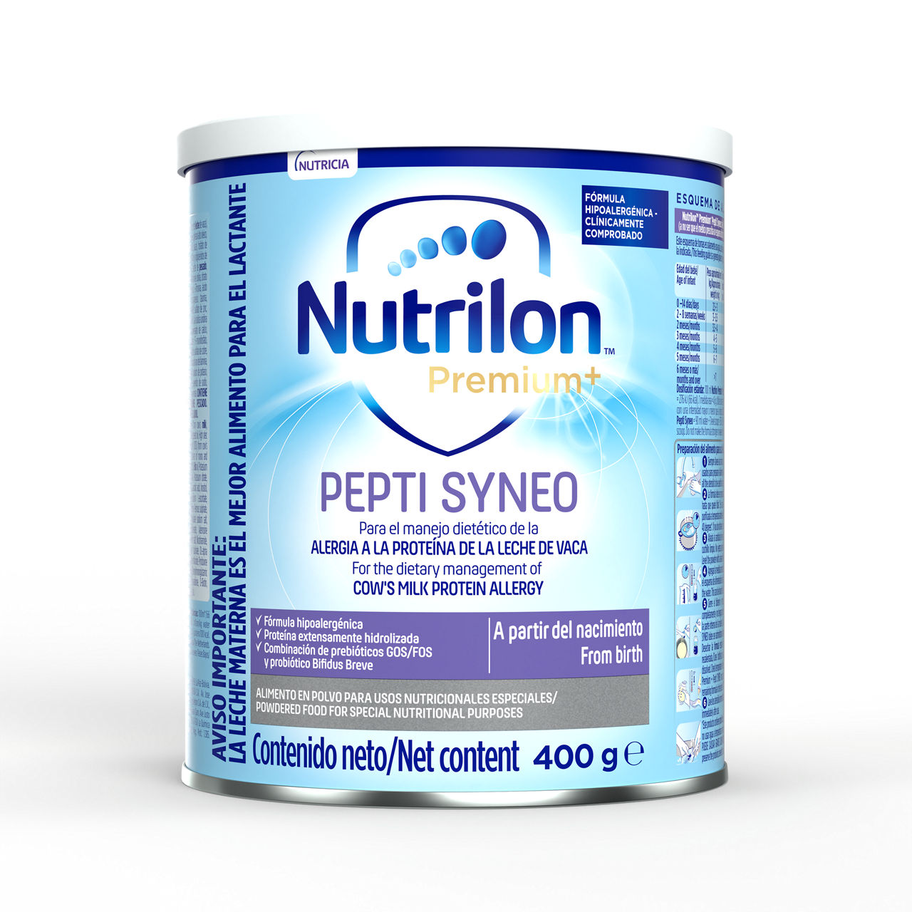 Nutrilon Premium + Pepti Syneo fórmula polvo extensamente hidrolizada alergia proteína leche vaca aplv lata 400g para bebés a partir del nacimiento