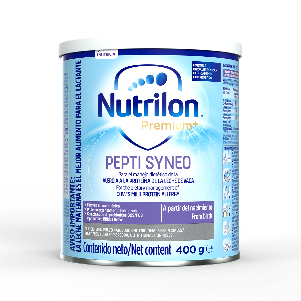 Nutrilon Premium + Pepti Syneo fórmula polvo extensamente hidrolizada alergia proteína leche vaca aplv lata 400g para bebés a partir del nacimiento