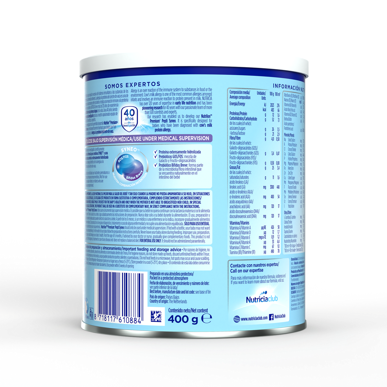 Nutrilon Premium + Pepti Syneo fórmula polvo extensamente hidrolizada alergia proteína leche vaca aplv lata azul claro morado 400g para bebés recién nacidos