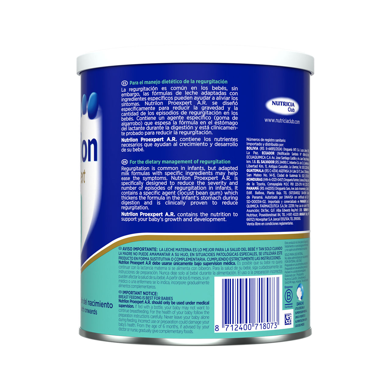 Nutrilon Proexpert AR fórmula antireflujo envase azul turquesa 400g a partir del nacimiento costado izquierdo - Nutricia Ecuador